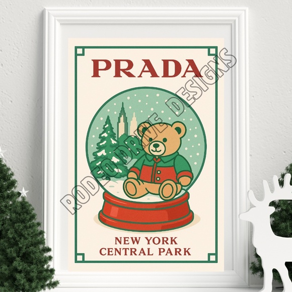 Prada-Inspired New York Central Park Teddy Bear Snow Globe Art Print 11x17 - Picture 1 of 2